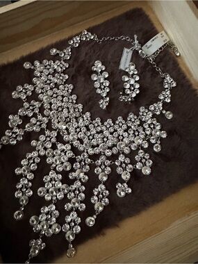 Dramatic Silver Crystal Fringe Necklace and Earrings Set